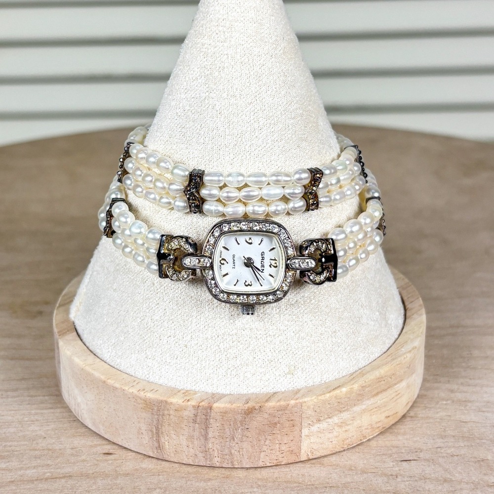 Gruen Vintage Luxe Cream Pearl Watch and Bracelet Set Art Deco Crystal 90s